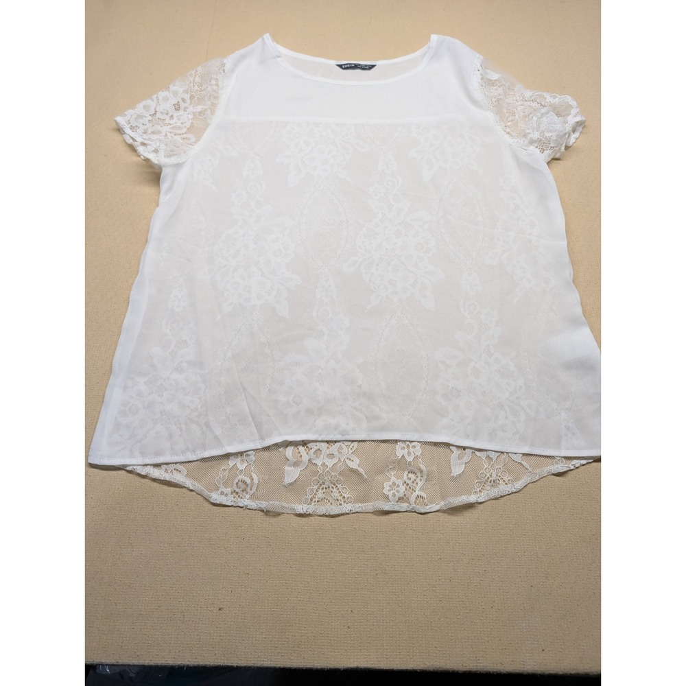 Shein Womens Blouse Size L White Sheer Front & Lace Back & Sleeves 100% Poly